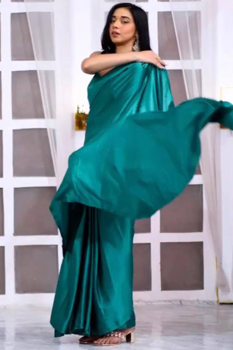 Majesty 1-Minute Ready To Wear Rama Satin Silk Saree - thelotusfab