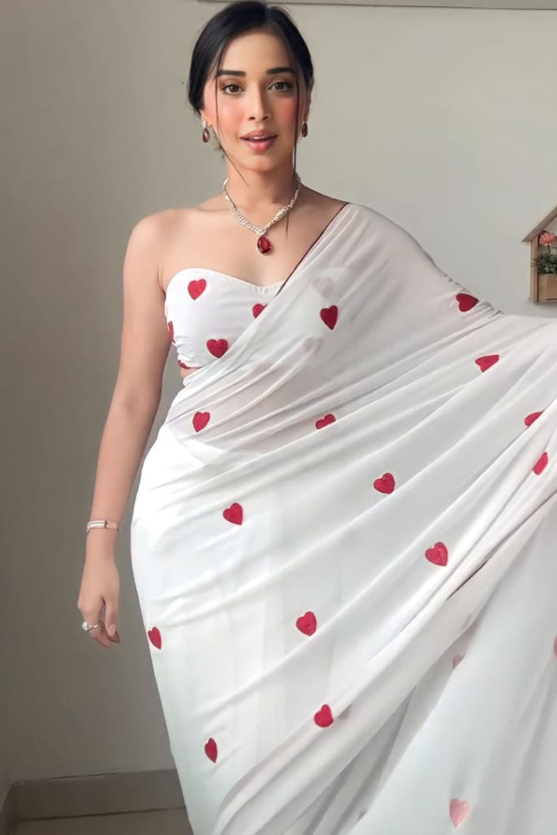 Super classy 1-Minute Ready To Wear White Georgette Saree - thelotusfab