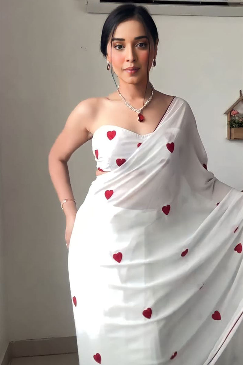 Super classy 1-Minute Ready To Wear White Georgette Saree - thelotusfab