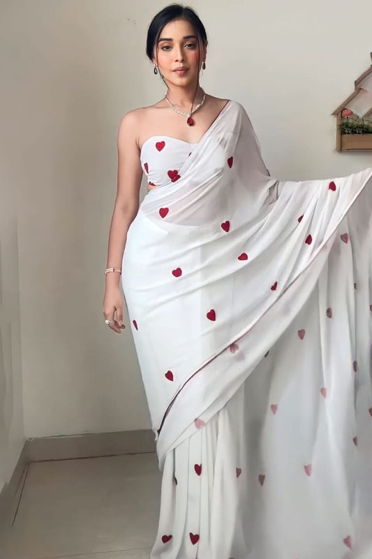 Super classy 1-Minute Ready To Wear White Georgette Saree - thelotusfab
