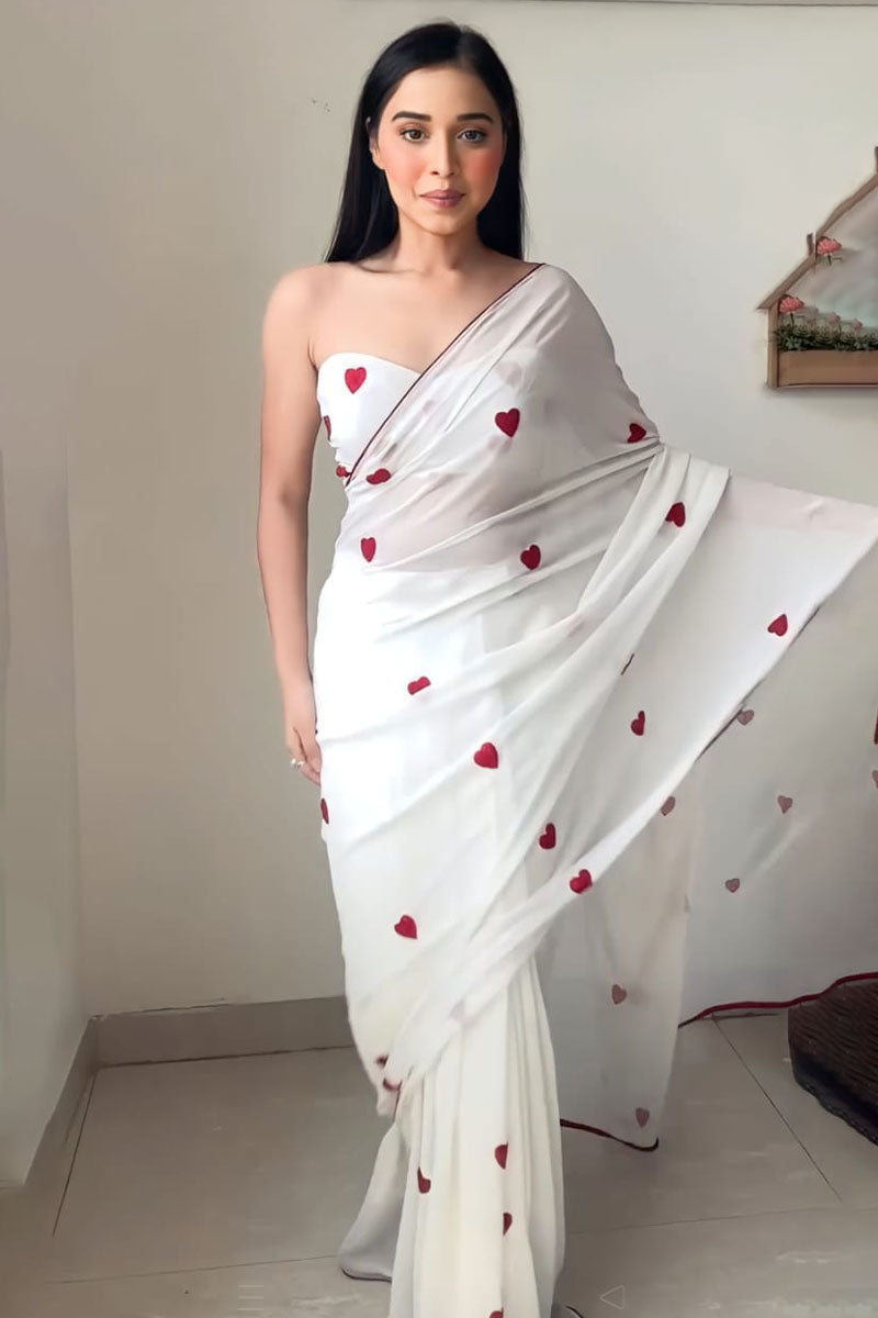 Super classy 1-Minute Ready To Wear White Georgette Saree - thelotusfab