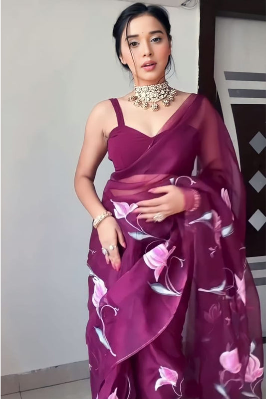 Most Flattering 1-Minute Ready To Wear Wine Organza Silk Saree - thelotusfab