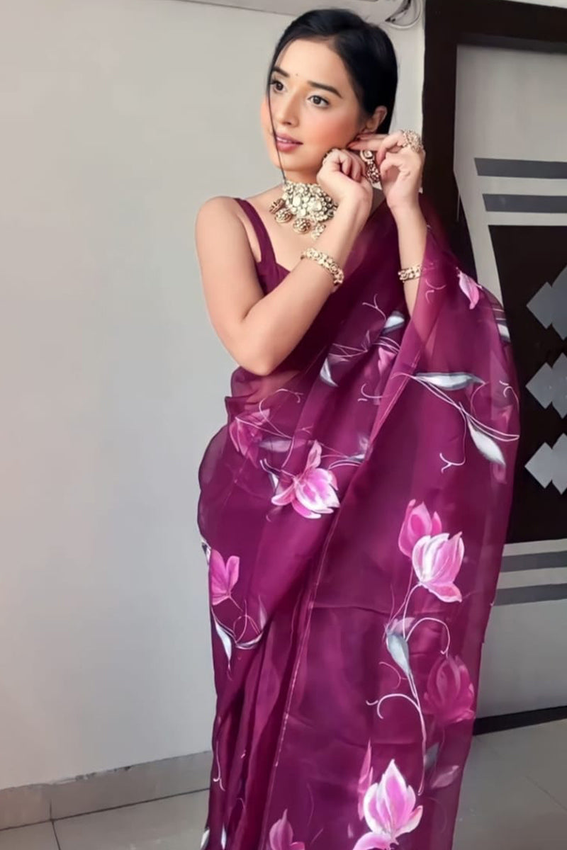 Most Flattering 1-Minute Ready To Wear Wine Organza Silk Saree - thelotusfab