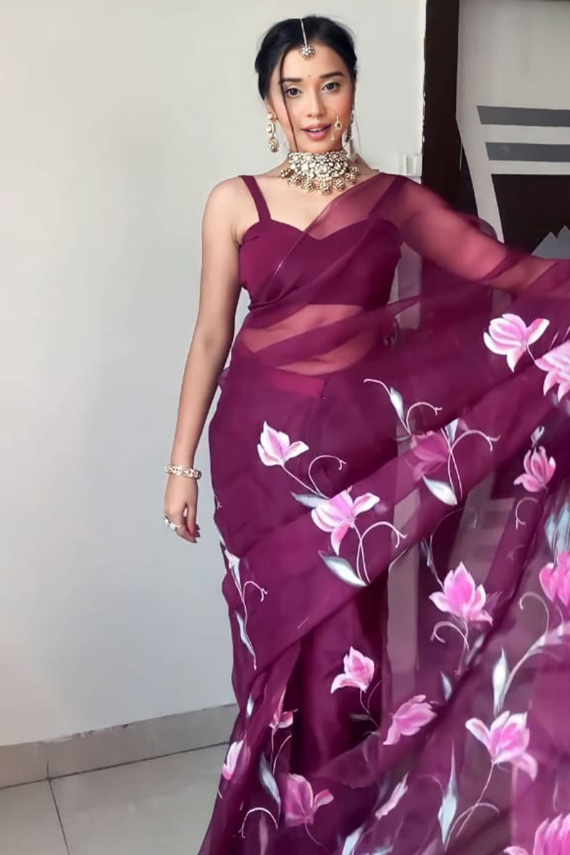 Most Flattering 1-Minute Ready To Wear Wine Organza Silk Saree - thelotusfab