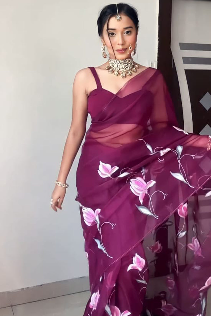 Most Flattering 1-Minute Ready To Wear Wine Organza Silk Saree - thelotusfab