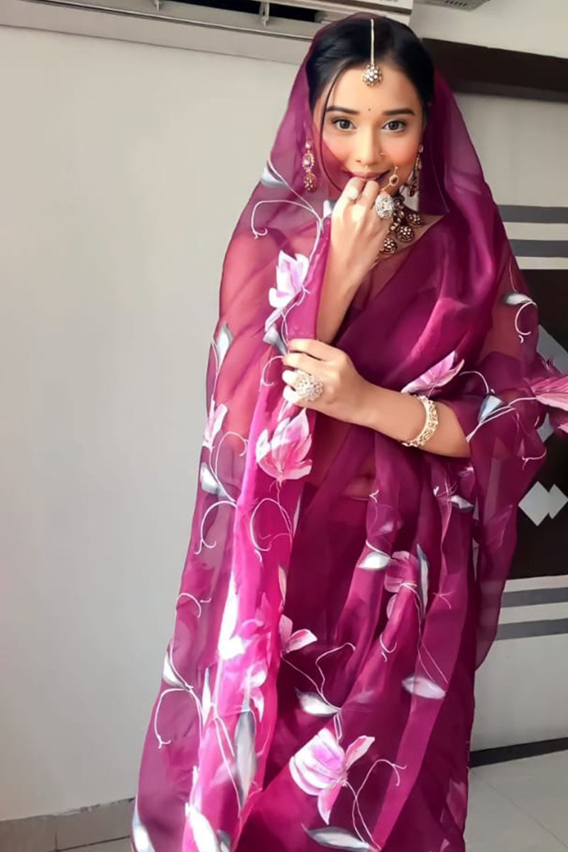 Most Flattering 1-Minute Ready To Wear Wine Organza Silk Saree - thelotusfab