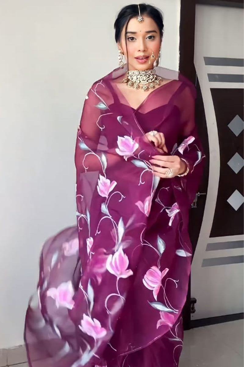 Most Flattering 1-Minute Ready To Wear Wine Organza Silk Saree - thelotusfab