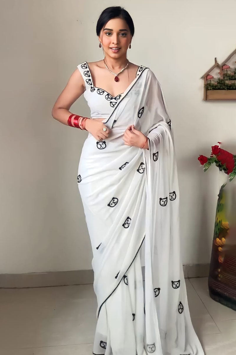 Devastating 1-Minute Ready To Wear White Printed Georgette Saree - thelotusfab