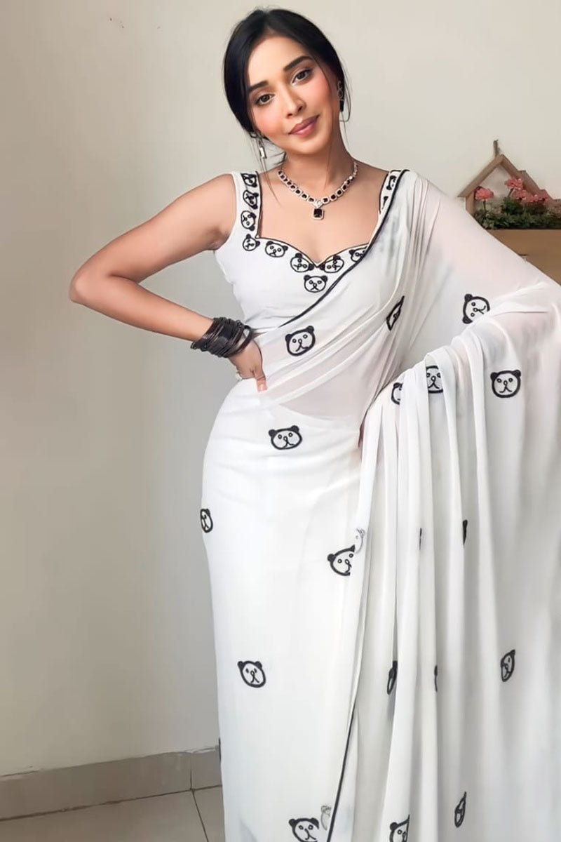 Devastating 1-Minute Ready To Wear White Printed Georgette Saree - thelotusfab