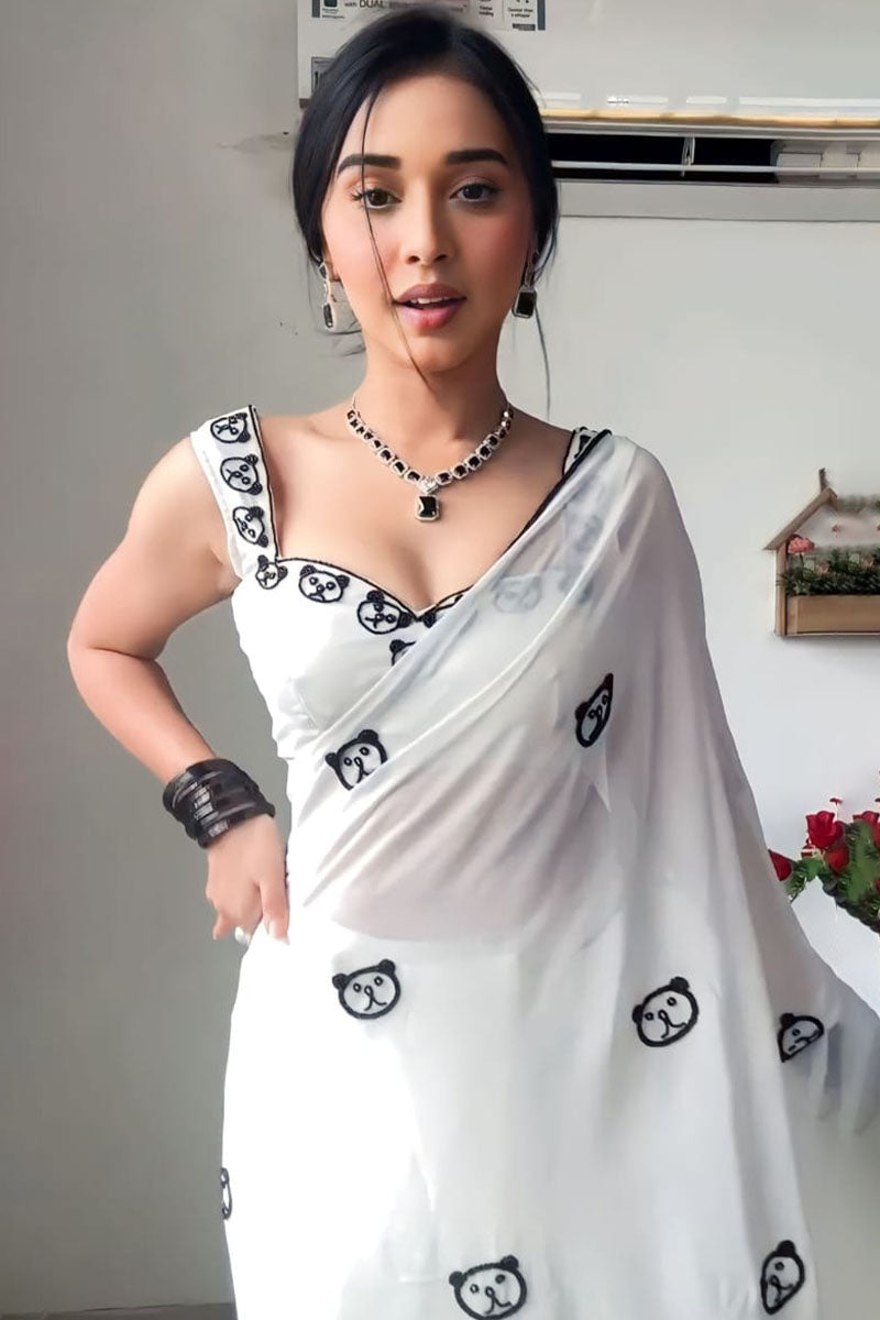 Devastating 1-Minute Ready To Wear White Printed Georgette Saree - thelotusfab