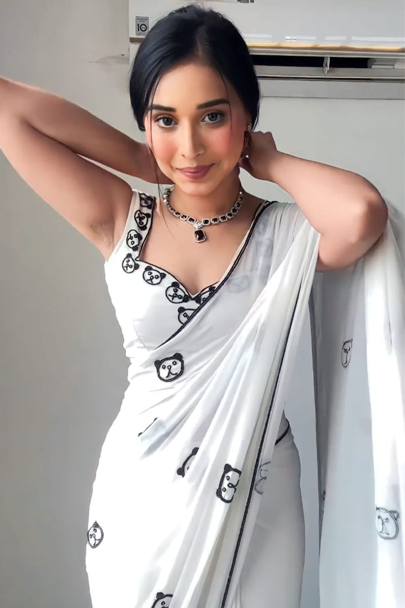 Devastating 1-Minute Ready To Wear White Printed Georgette Saree - thelotusfab