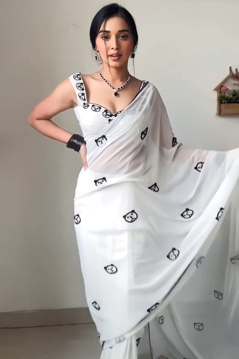 Devastating 1-Minute Ready To Wear White Printed Georgette Saree - thelotusfab