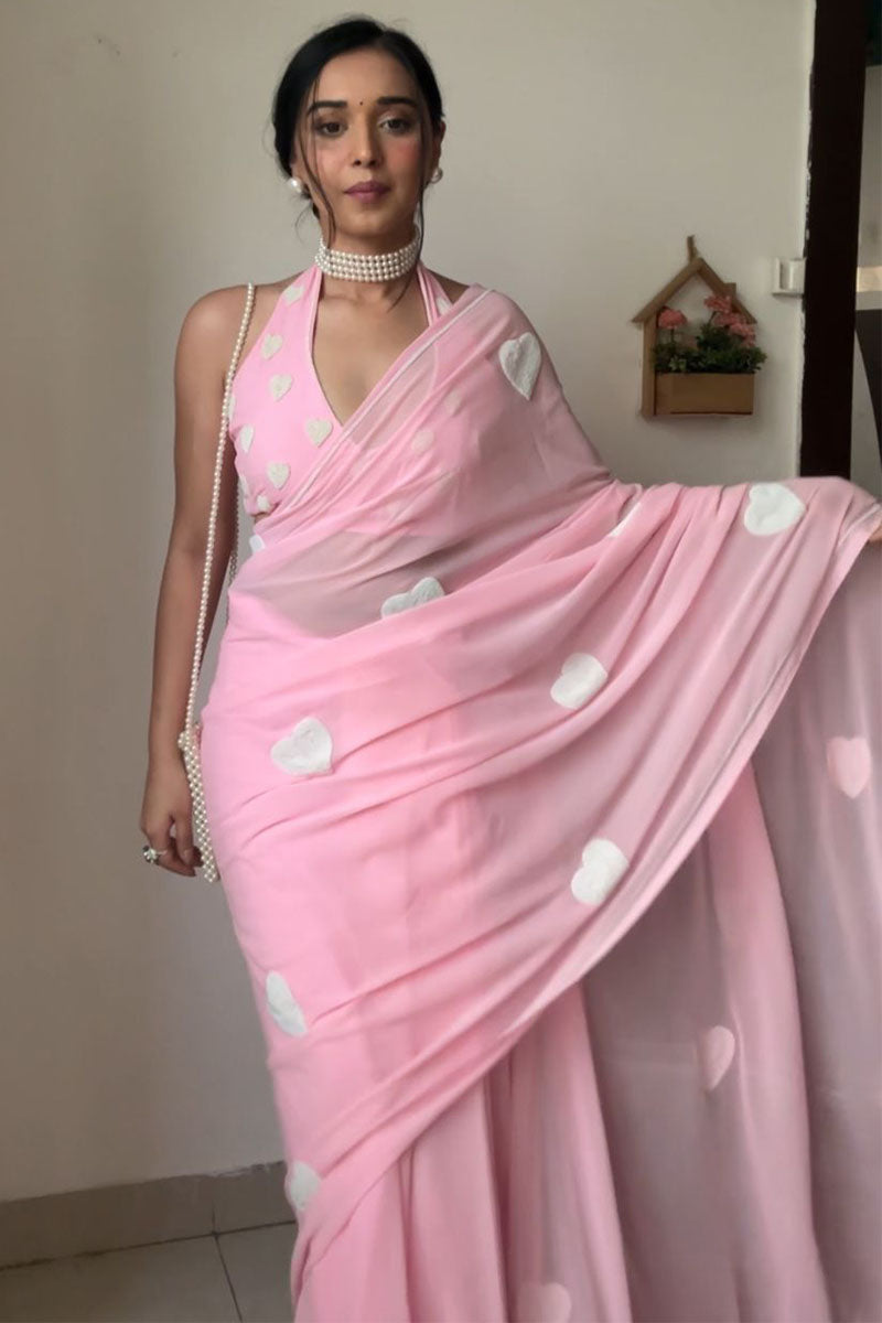 Incomparable 1-Minute Ready To Wear Pink Georgette Saree - thelotusfab