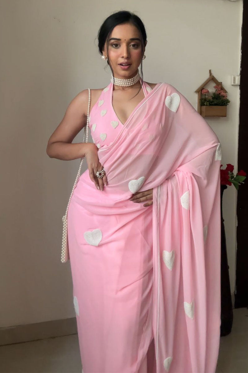 Incomparable 1-Minute Ready To Wear Pink Georgette Saree - thelotusfab