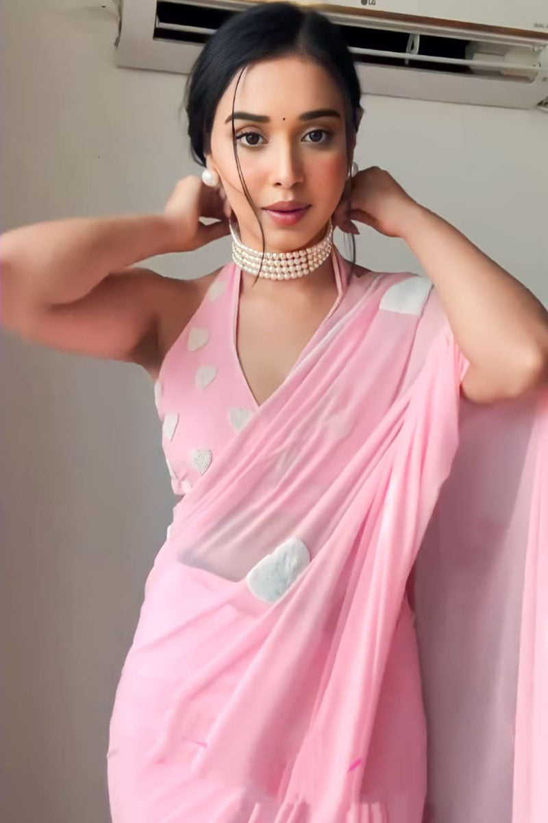 Incomparable 1-Minute Ready To Wear Pink Georgette Saree - thelotusfab