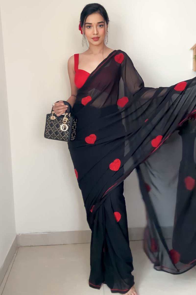 Super extravagant 1-Minute Ready To Wear Black Georgette Saree - thelotusfab