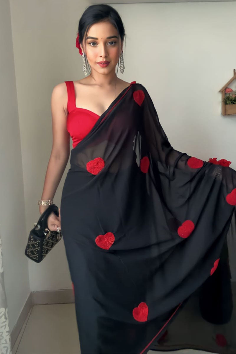 Super extravagant 1-Minute Ready To Wear Black Georgette Saree - thelotusfab