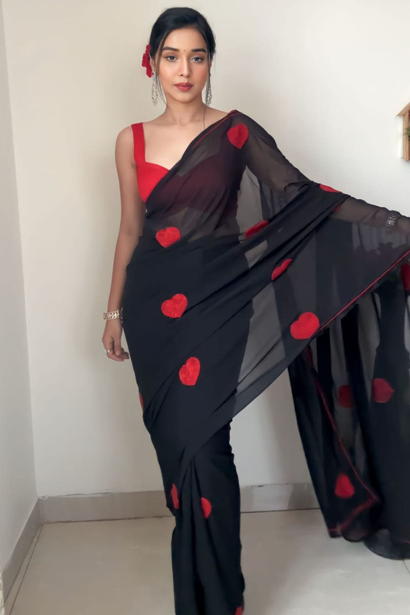 Super extravagant 1-Minute Ready To Wear Black Georgette Saree - thelotusfab