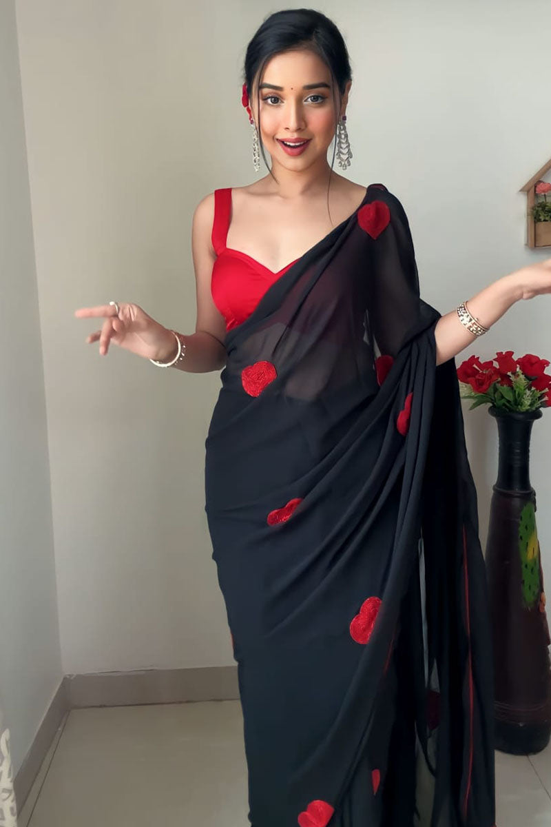 Super extravagant 1-Minute Ready To Wear Black Georgette Saree - thelotusfab