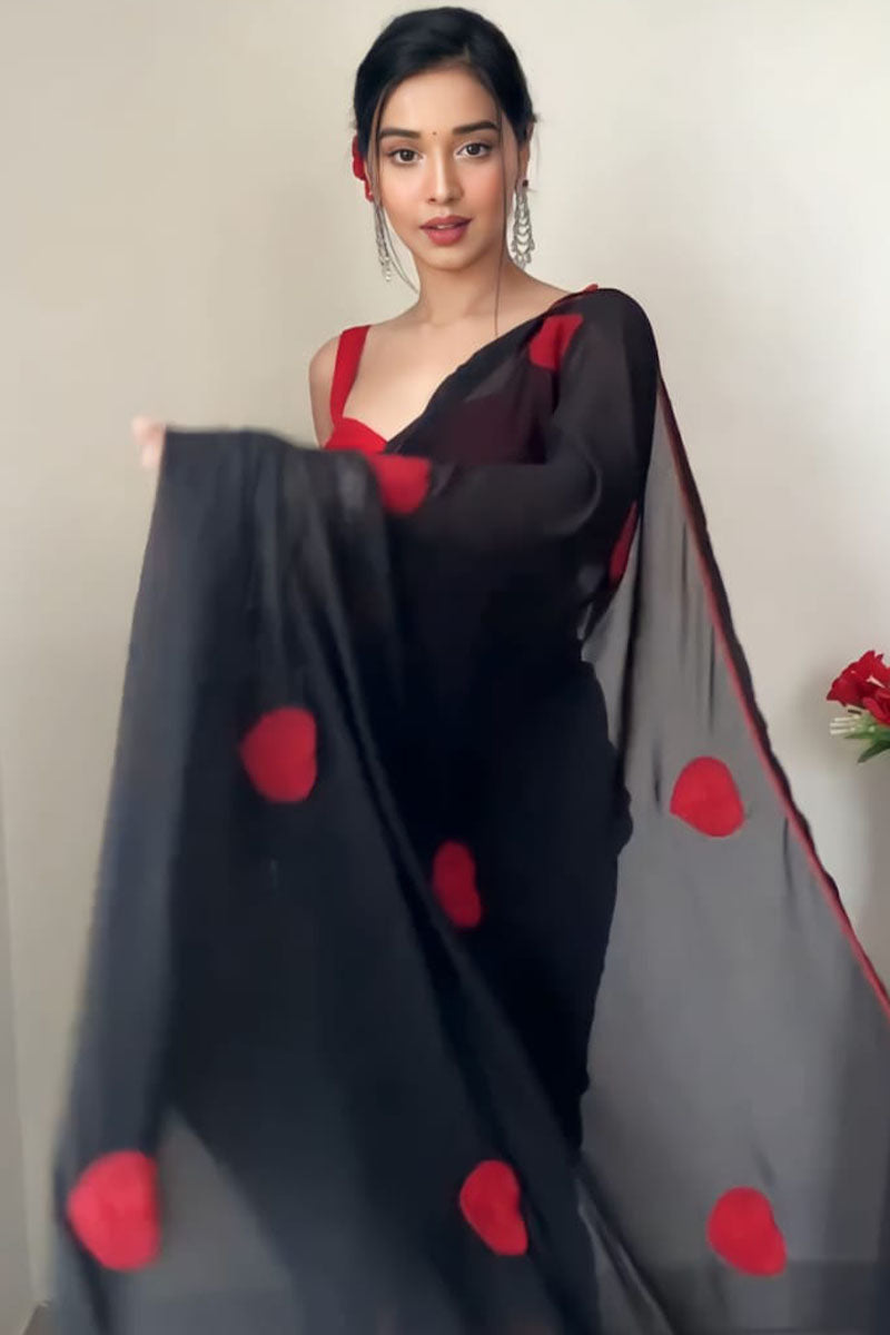 Super extravagant 1-Minute Ready To Wear Black Georgette Saree - thelotusfab