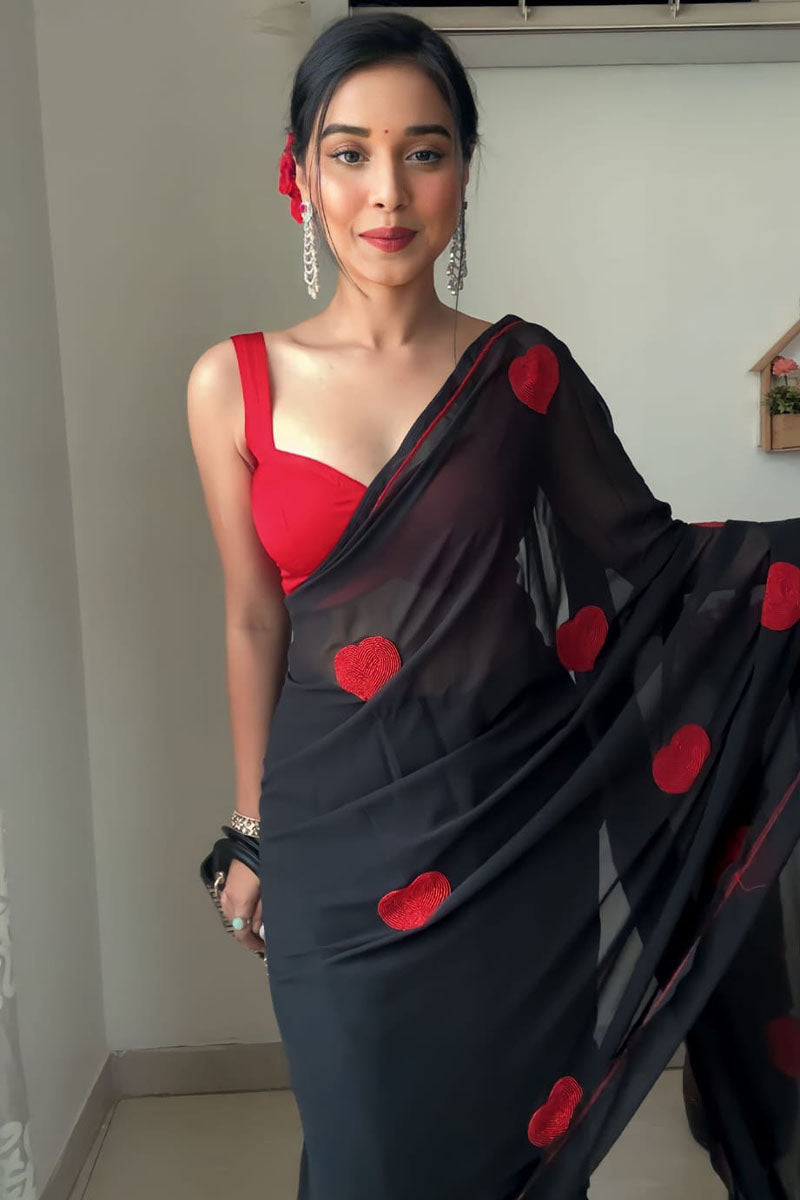 Super extravagant 1-Minute Ready To Wear Black Georgette Saree - thelotusfab