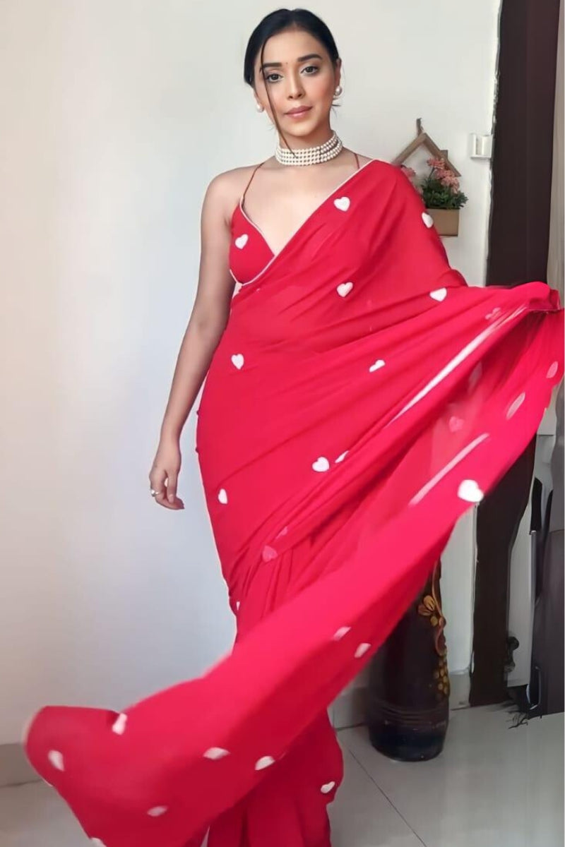 Effervescent 1-Minute Ready To Wear Red Georgette Saree - thelotusfab