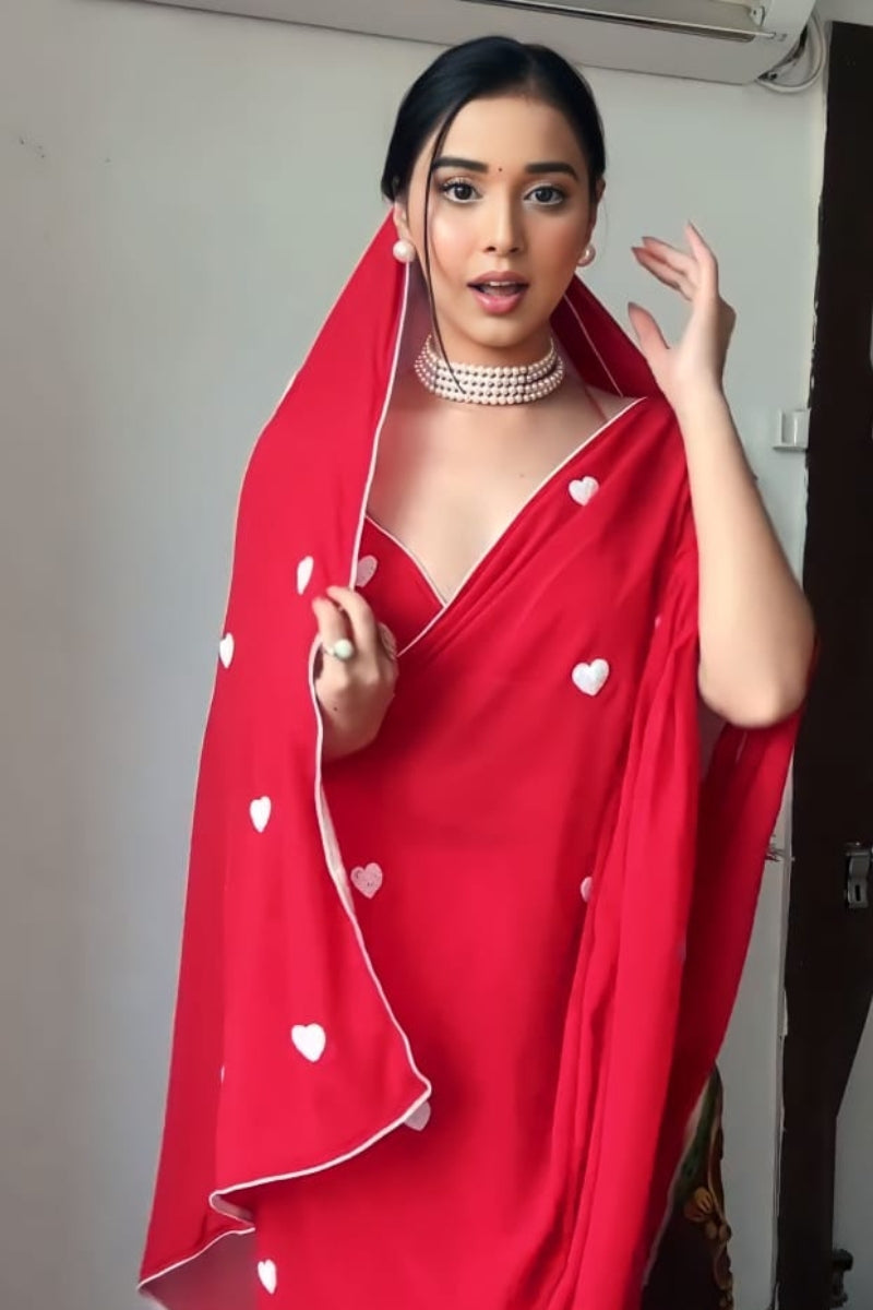 Effervescent 1-Minute Ready To Wear Red Georgette Saree - thelotusfab