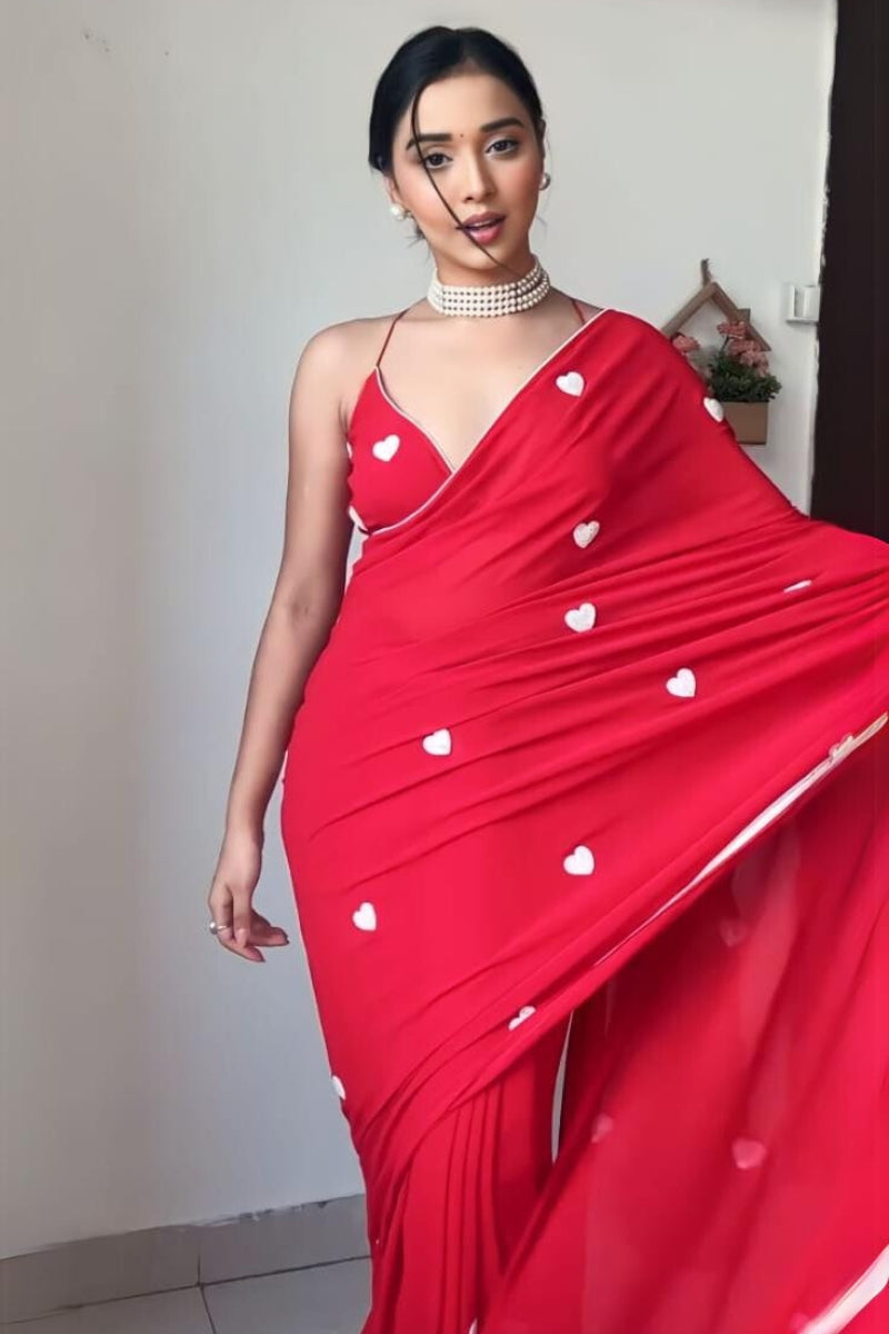 Effervescent 1-Minute Ready To Wear Red Georgette Saree - thelotusfab