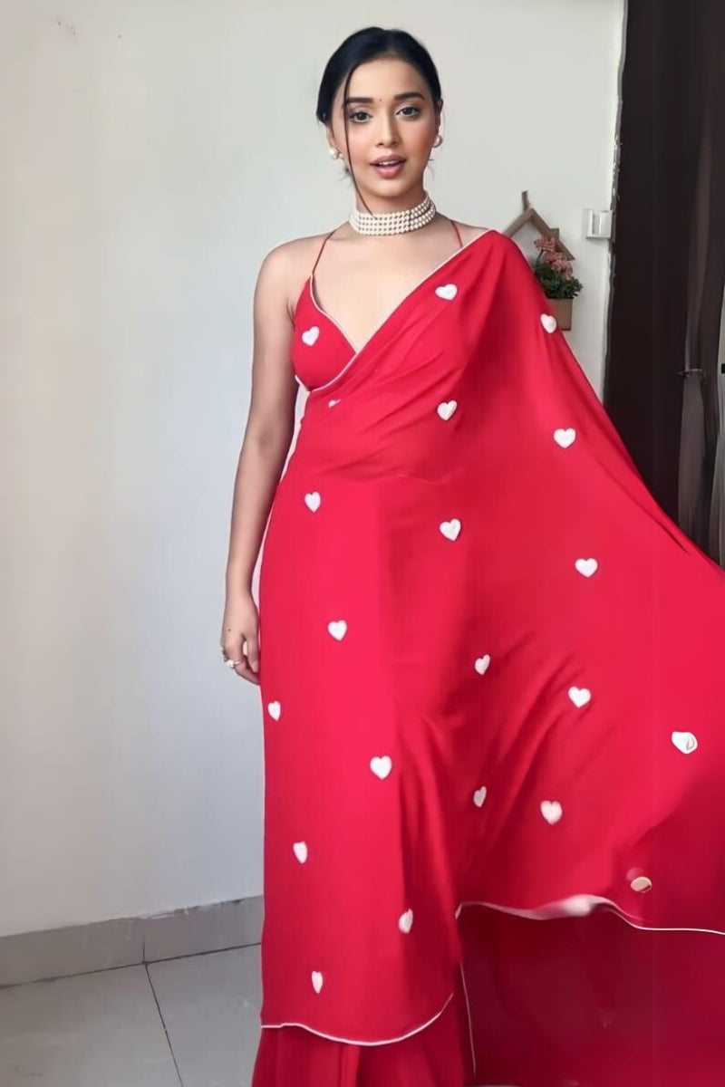 Effervescent 1-Minute Ready To Wear Red Georgette Saree - thelotusfab