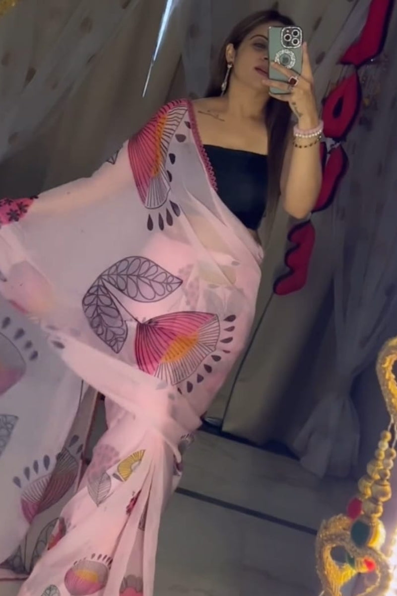 Imaginative 1-Minute Ready To Wear Pink Printed Georgette Saree - thelotusfab