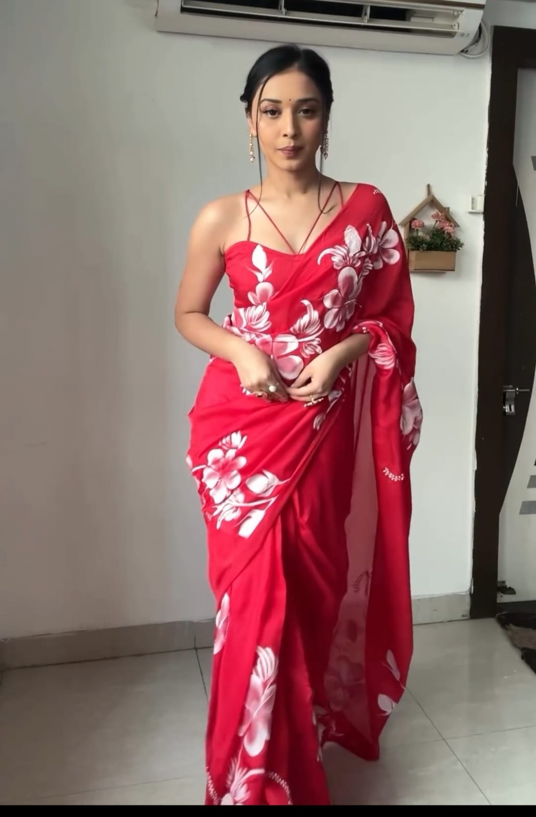 Gleaming 1-Minute Ready To Wear Red Georgette Saree - thelotusfab