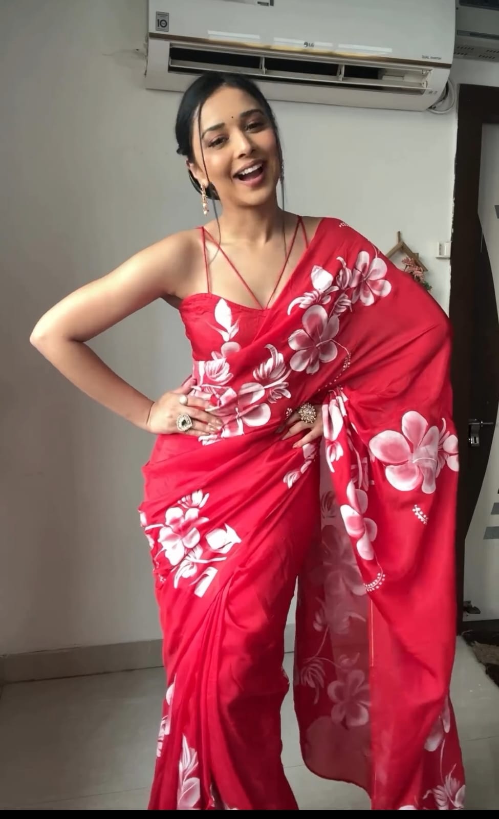 Gleaming 1-Minute Ready To Wear Red Georgette Saree - thelotusfab