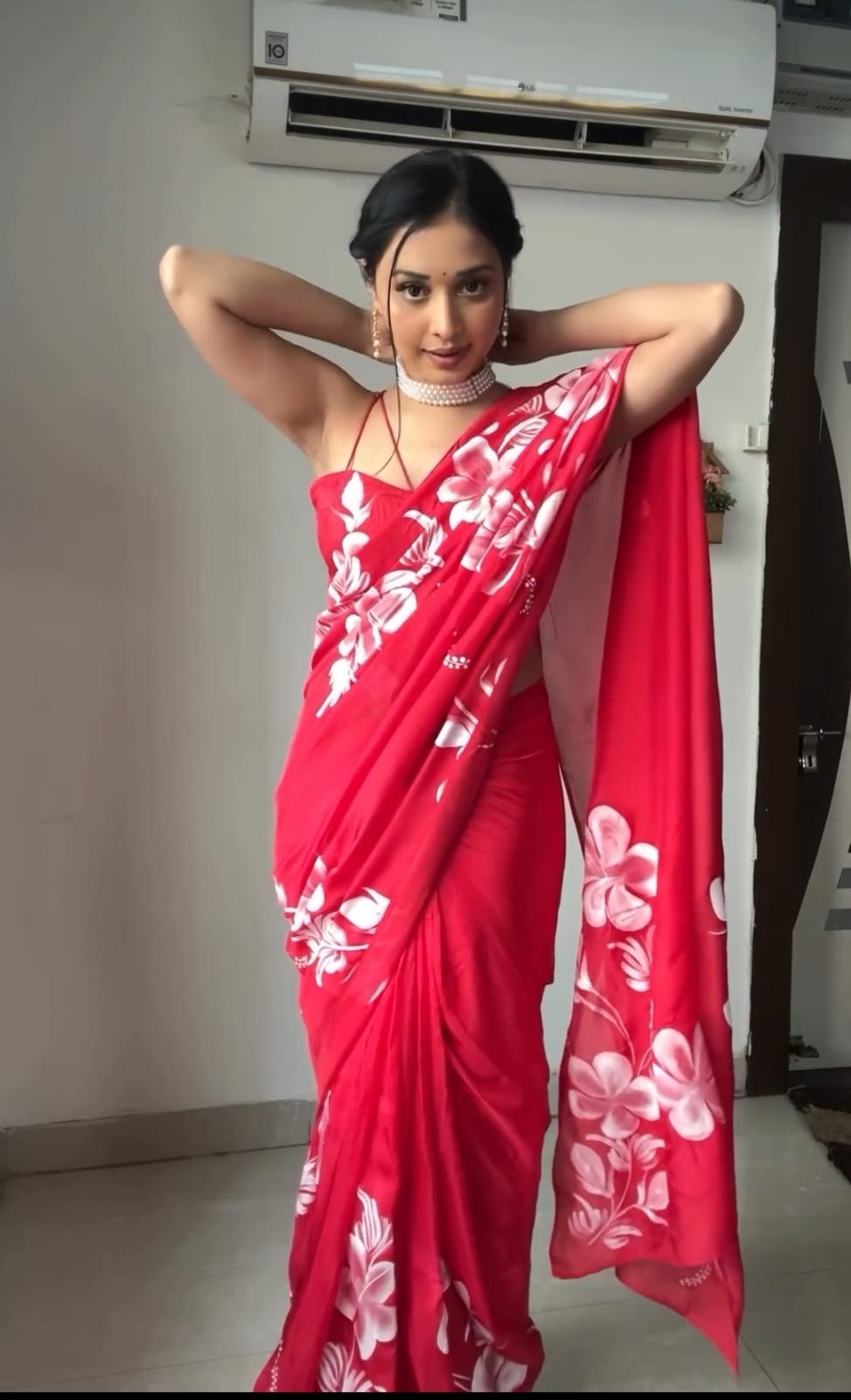 Gleaming 1-Minute Ready To Wear Red Georgette Saree - thelotusfab