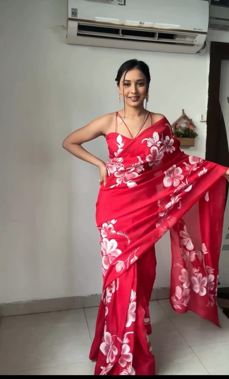 Gleaming 1-Minute Ready To Wear Red Georgette Saree - thelotusfab