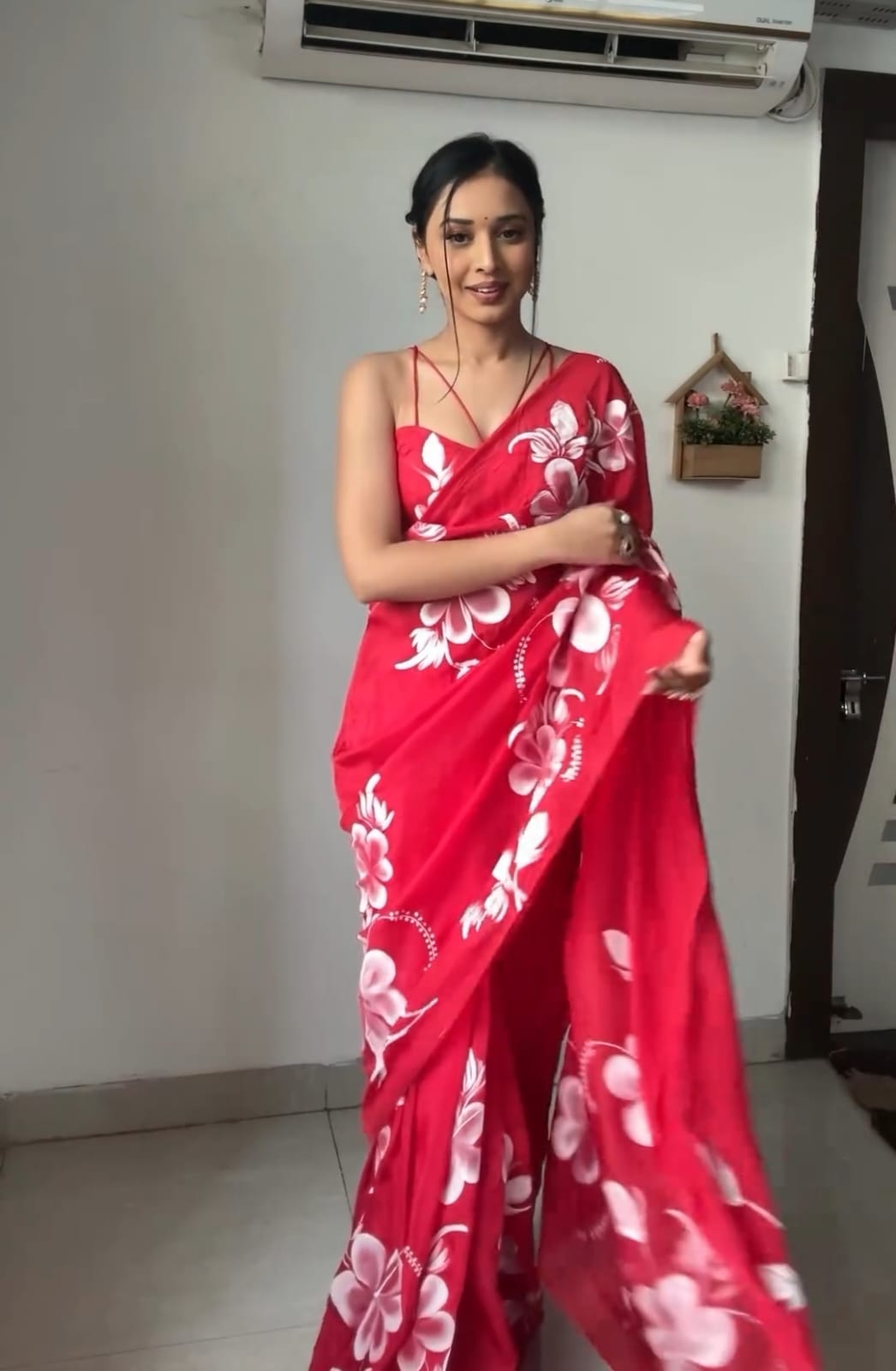 Gleaming 1-Minute Ready To Wear Red Georgette Saree - thelotusfab