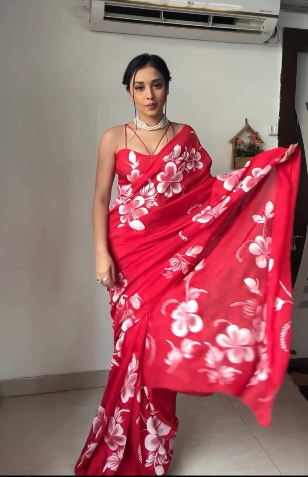 Gleaming 1-Minute Ready To Wear Red Georgette Saree - thelotusfab