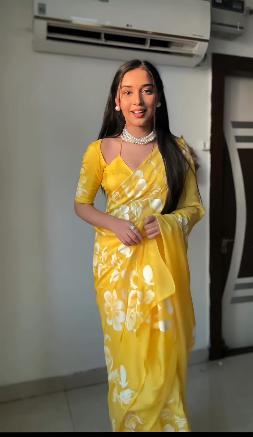 Luminous 1-Minute Ready To Wear Yellow Georgette Saree - thelotusfab