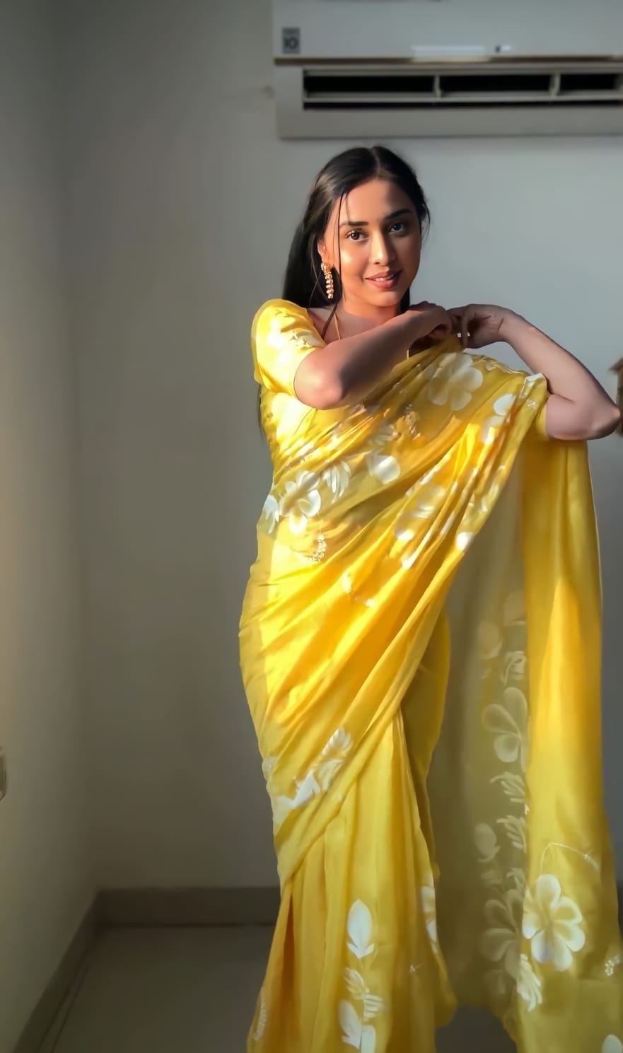 Luminous 1-Minute Ready To Wear Yellow Georgette Saree - thelotusfab