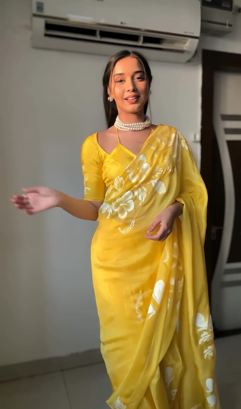 Luminous 1-Minute Ready To Wear Yellow Georgette Saree - thelotusfab