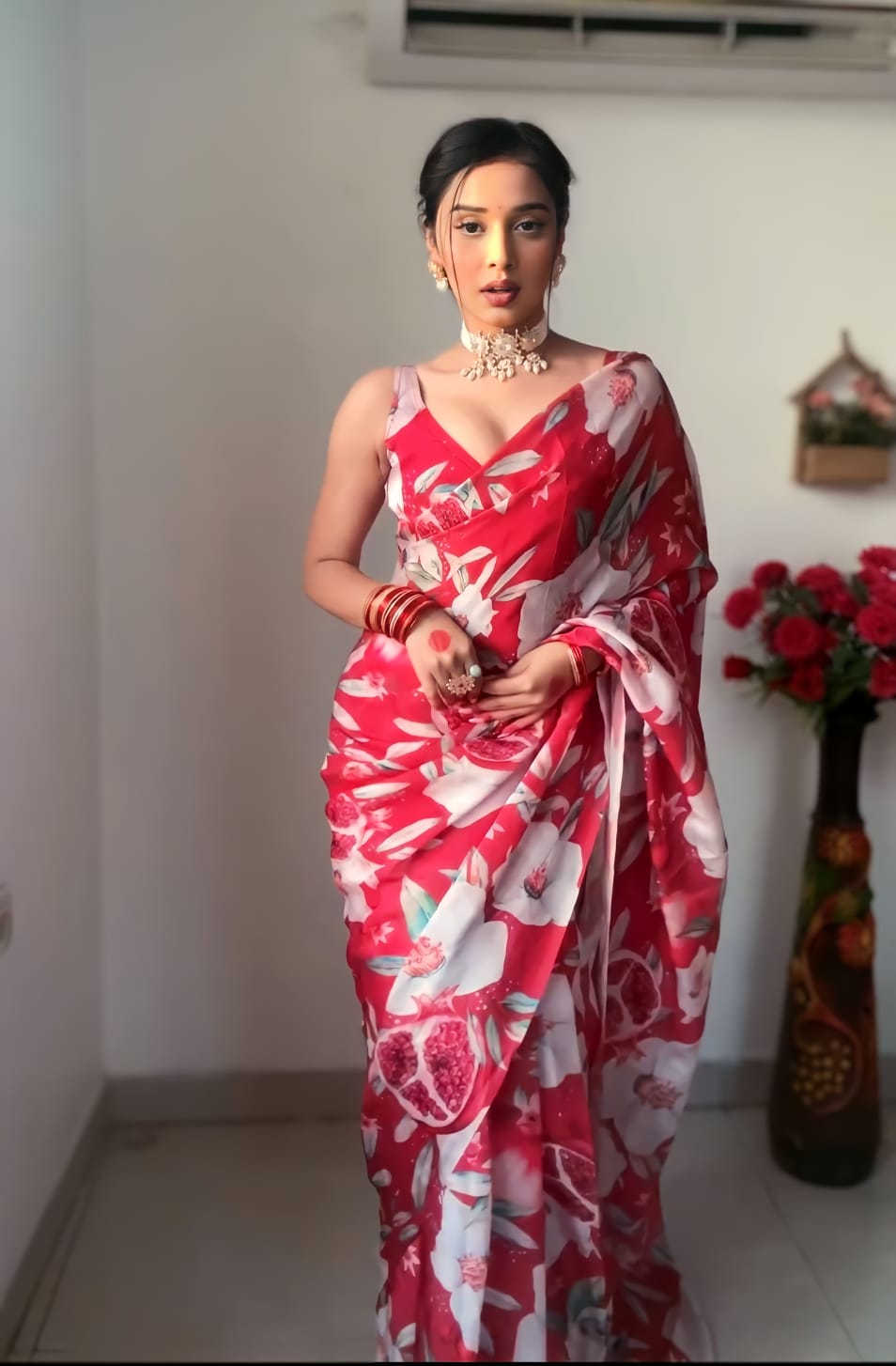 Lovely 1-Minute Ready To Wear Red Georgette Saree - thelotusfab