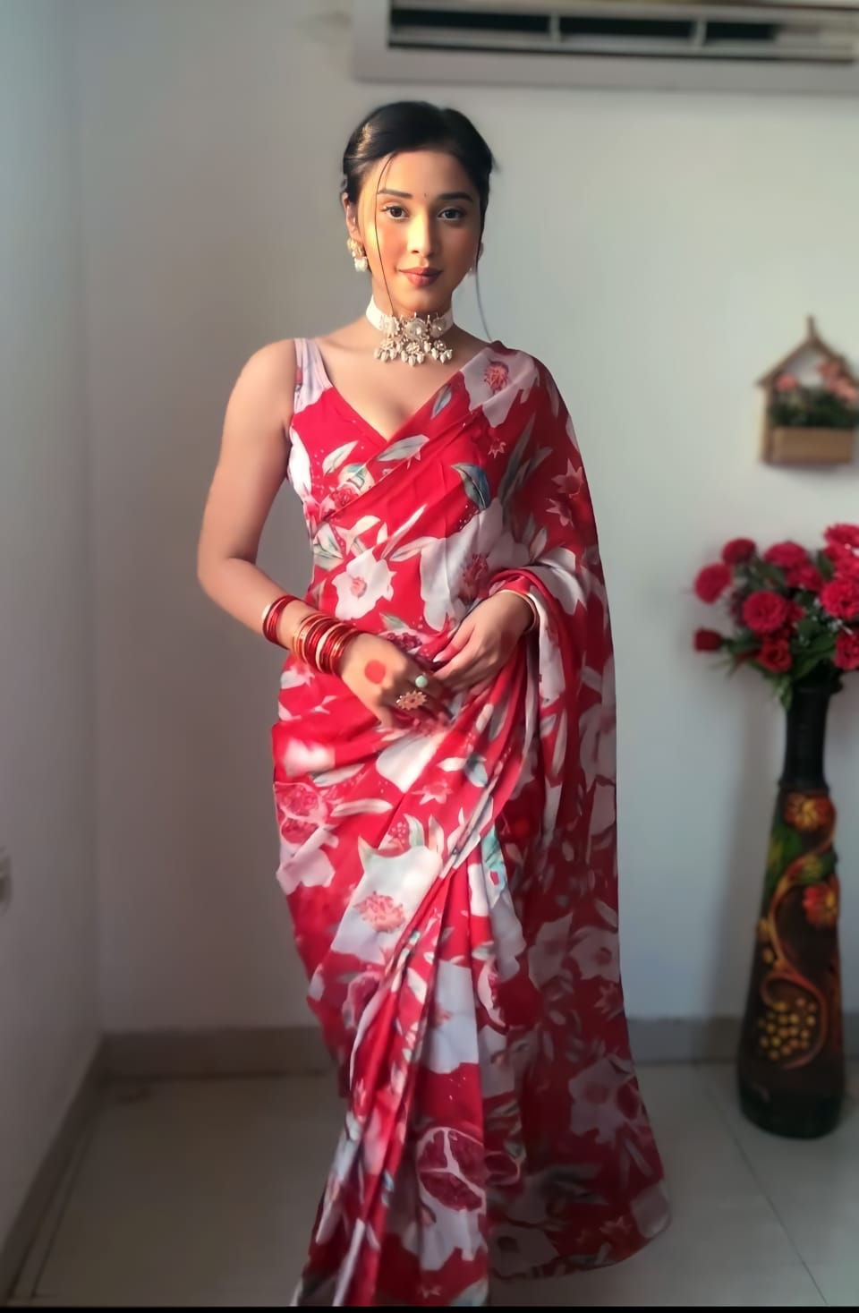 Lovely 1-Minute Ready To Wear Red Georgette Saree - thelotusfab