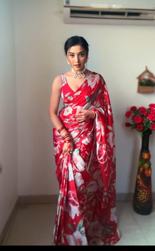 Lovely 1-Minute Ready To Wear Red Georgette Saree - thelotusfab