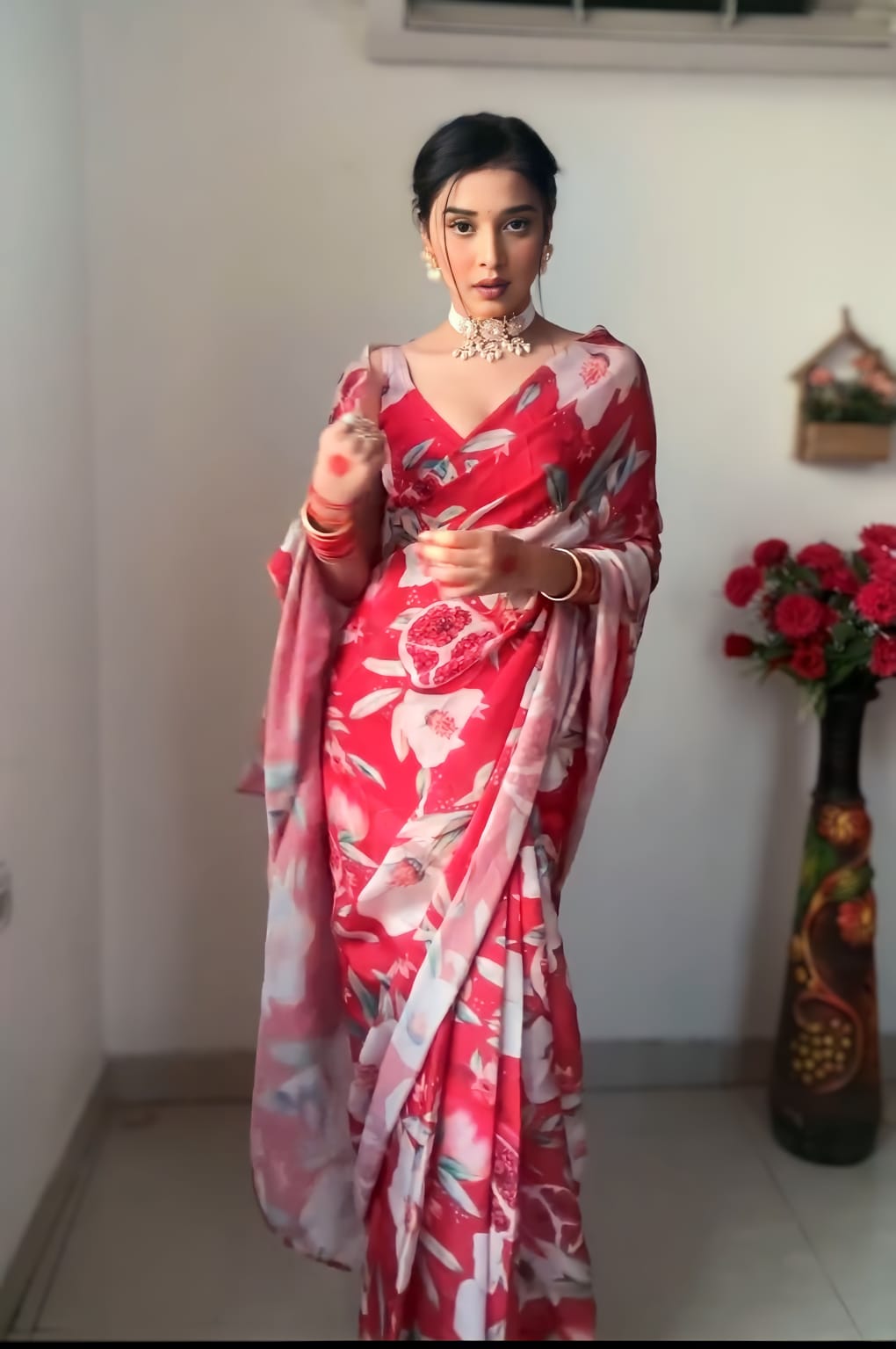 Lovely 1-Minute Ready To Wear Red Georgette Saree - thelotusfab