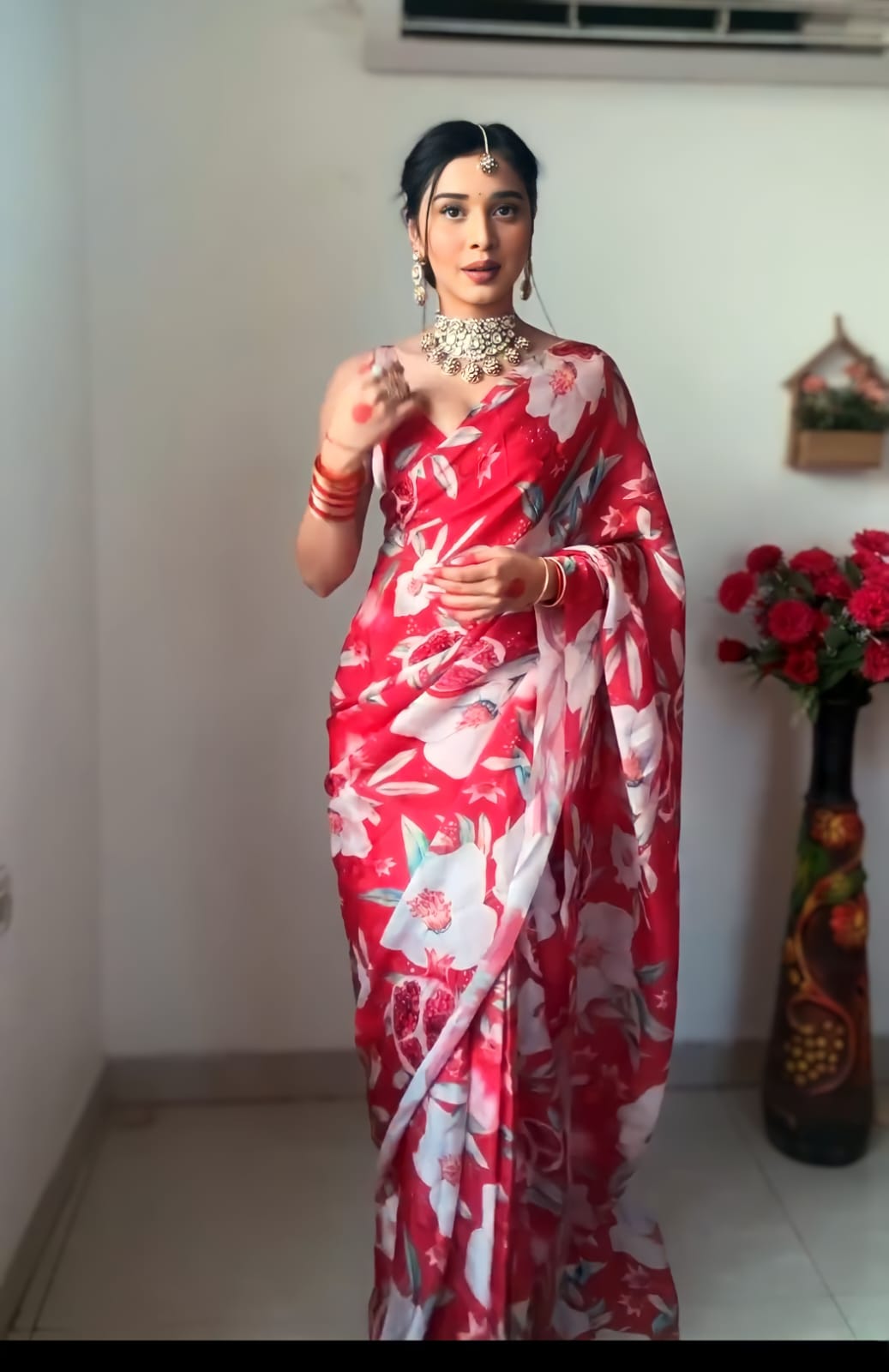 Lovely 1-Minute Ready To Wear Red Georgette Saree - thelotusfab