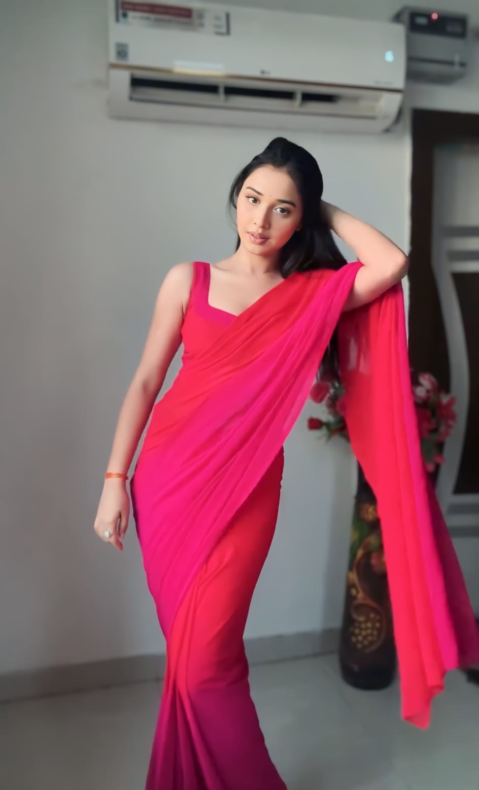 Divine 1-Minute Ready To Wear Red and Pink Georgette Saree - thelotusfab