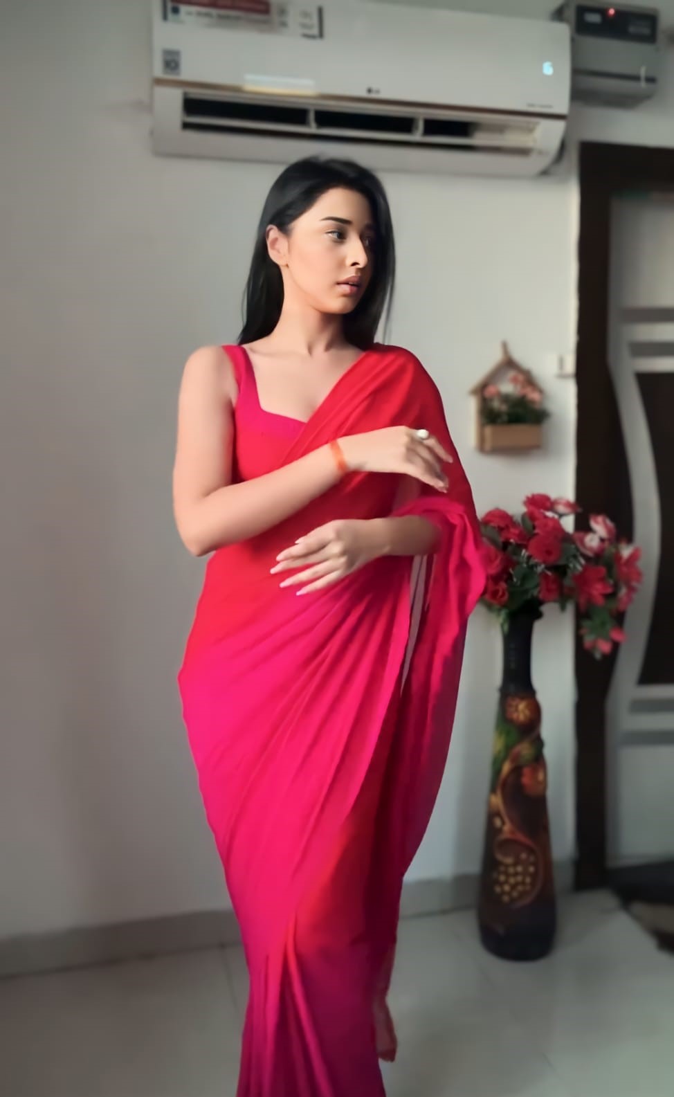 Divine 1-Minute Ready To Wear Red and Pink Georgette Saree - thelotusfab