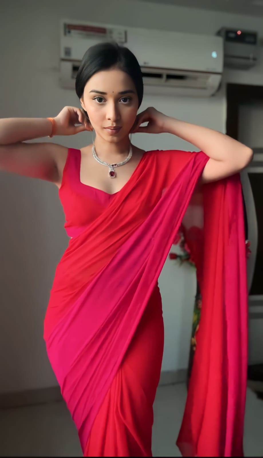 Divine 1-Minute Ready To Wear Red and Pink Georgette Saree - thelotusfab