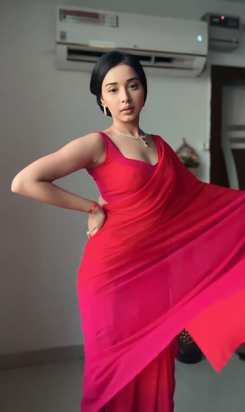 Divine 1-Minute Ready To Wear Red and Pink Georgette Saree - thelotusfab