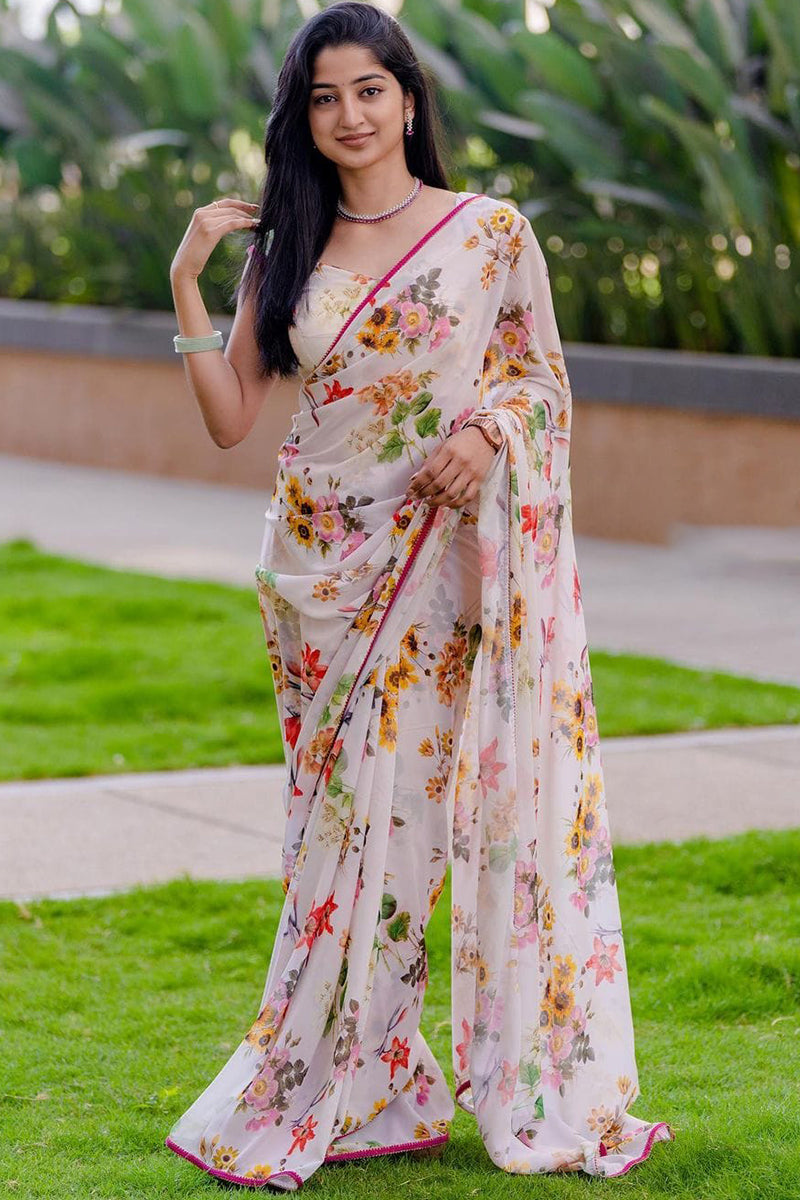 Pleasant White Digital Printed Georgette Saree With Desiring Blouse Piece - thelotusfab