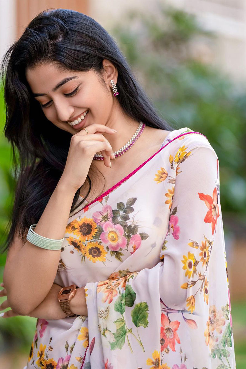 Pleasant White Digital Printed Georgette Saree With Desiring Blouse Piece - thelotusfab